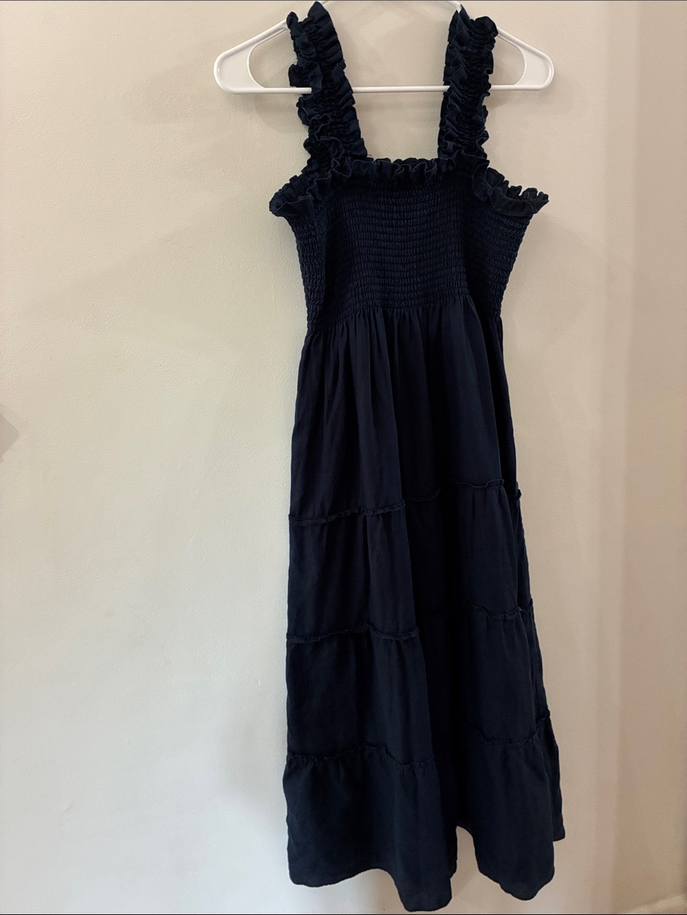 Quince Women’s Navy Ruffle-Strap Smocked tiered Sundress- 100% linen - large